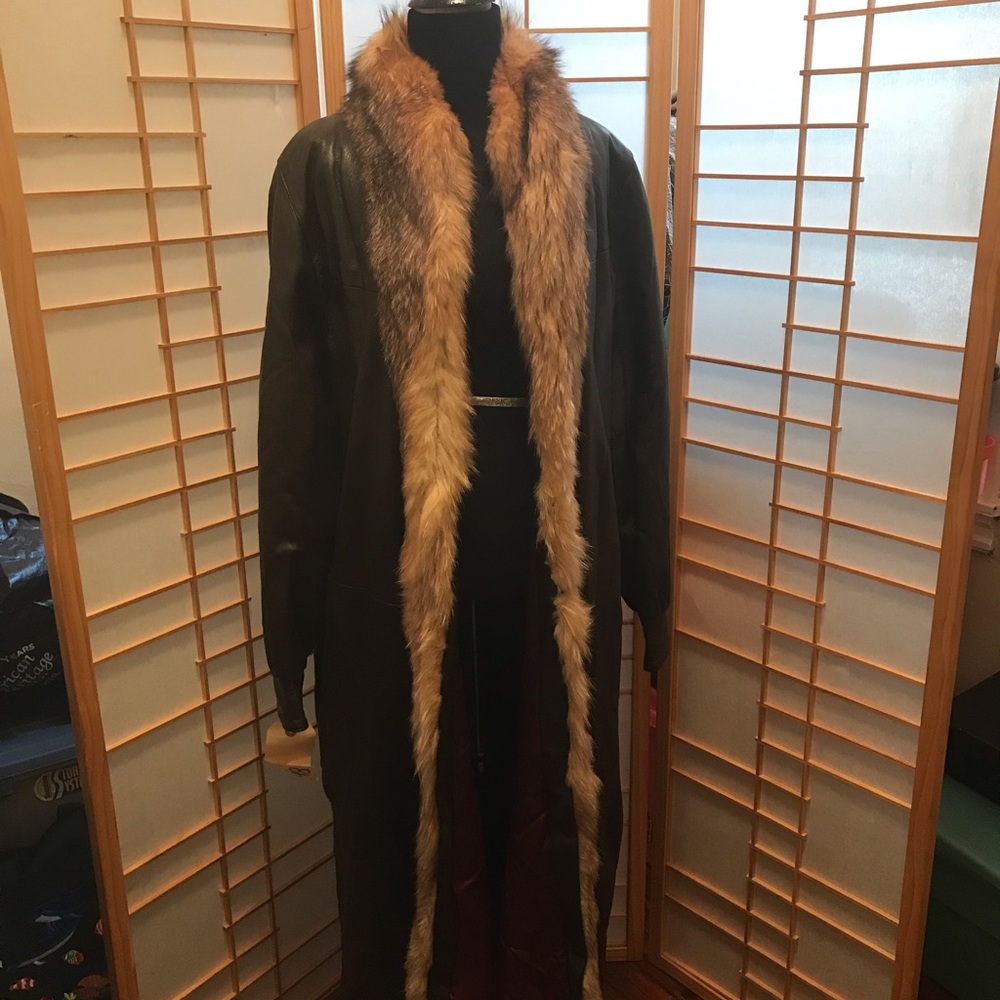 Brown leather full length lined coat with fox fur